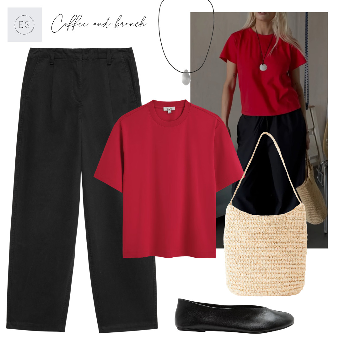 Casual outfit for early Autumn.

Red oversized t-shirt, black barrel leg trousers, black leather ballet flats, beige raffia bag, black cord and clear glass dome pendant necklace. 

 #LTKuk #LTKautumn #LTKstyletip