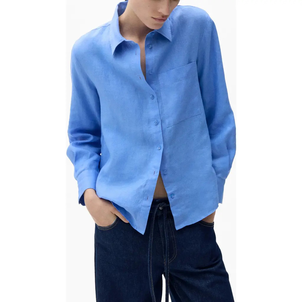 MANGO Linen Button-Up Shirt in Blue at Nordstrom, Size 10 | Nordstrom