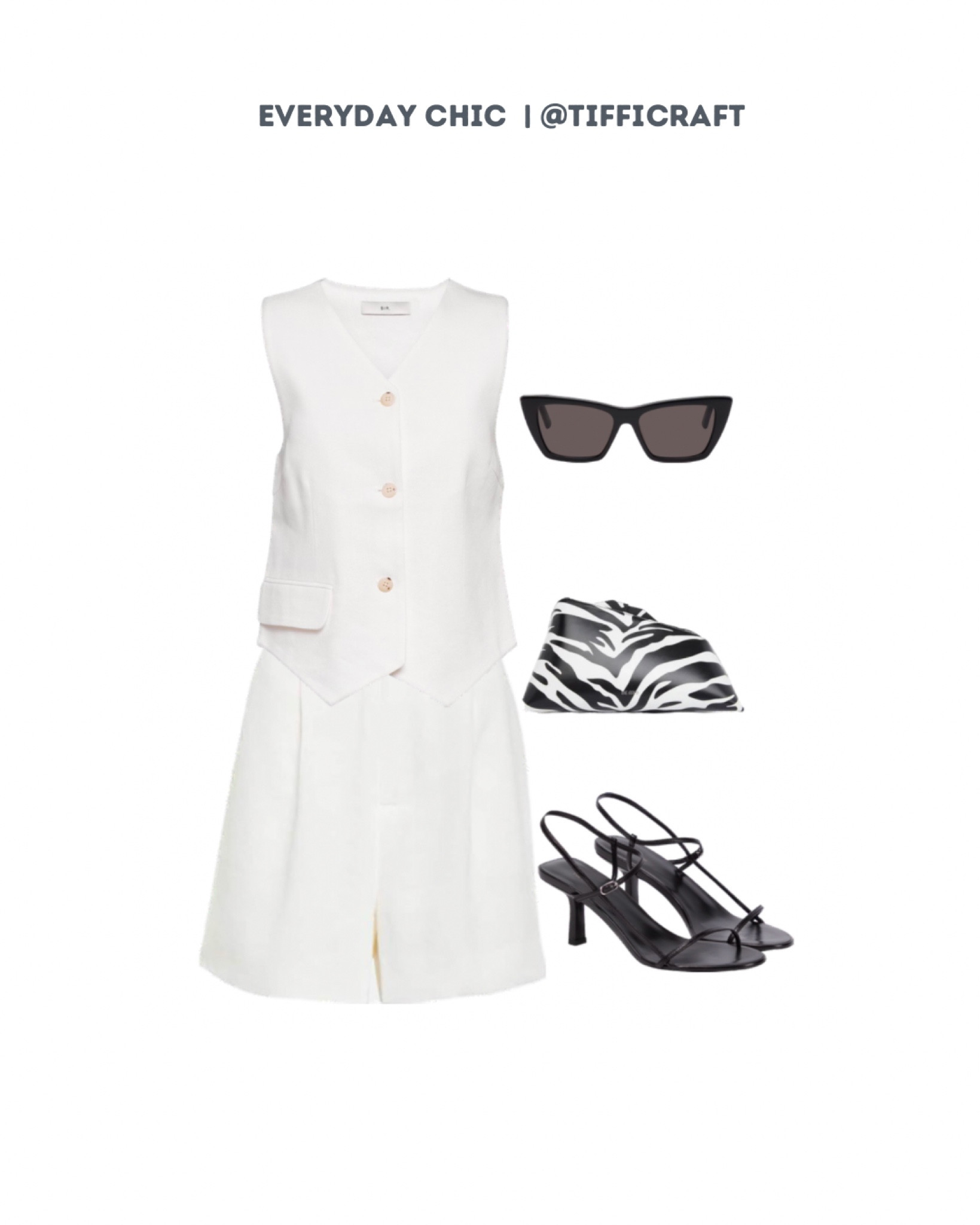 This is another terrific way to style up a vest and shorts set for an evening out. The key is a statement bag and then minimalist shoes or do the reverse of statement shoes and a minimalist clutch.