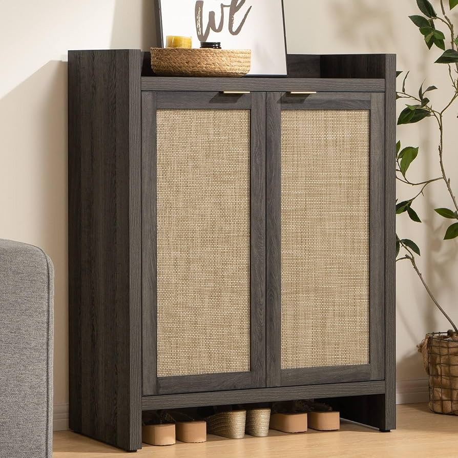 SICOTAS 41" Tall Shoe Cabinet, 24 Pair Shoe Storage Cabinet with Doors and 6-Tier Shelves, Rattan... | Amazon (US)
