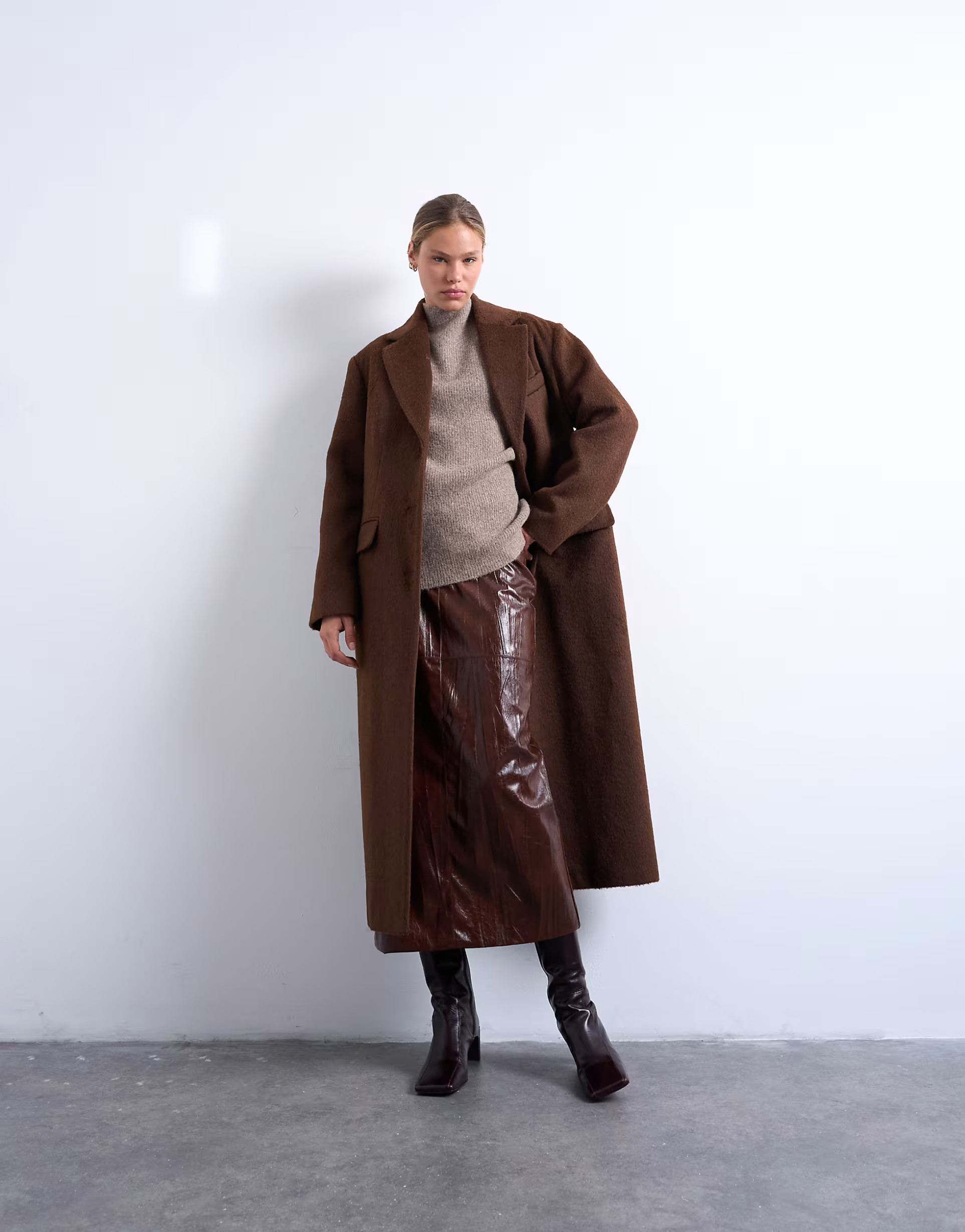 Topshop brushed three button longline blazer coat in chocolate | ASOS (Global)