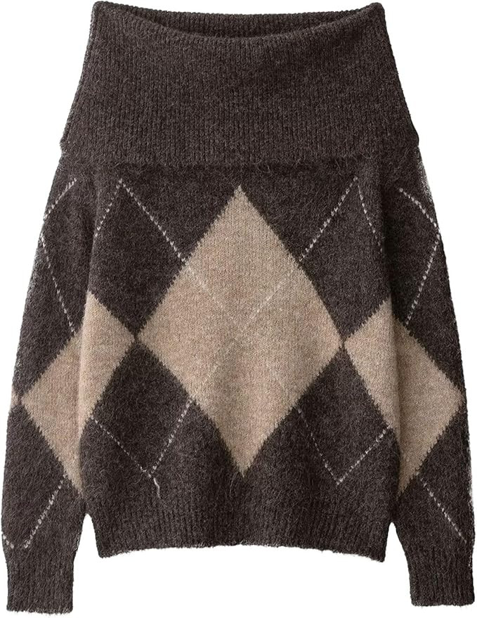 Chevara Women’s Off The Shoulder Knit Sweater Trendy Argyle Long Sleeve Loose Pullover Sweater ... | Amazon (US)