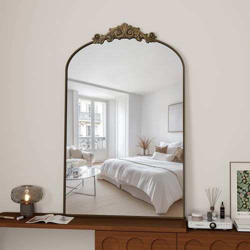 Furnbar Vintage Wall Mirror, 24"x36" Arched Mirror for Vanity, Antique Decorative Mirrors with Carved Metal Frame for Bedroom, Living Room, Entryway, Fireplace, Hallway, Bronze | Amazon (US)