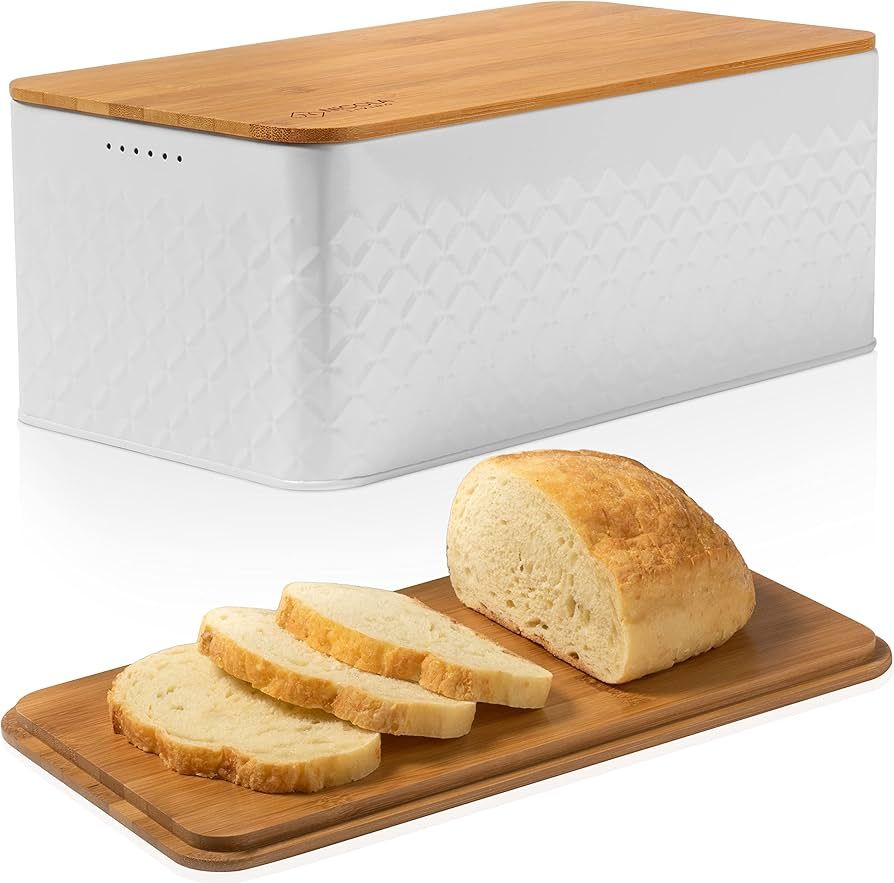 White Bread Box For Kitchen Countertop With Bamboo Wood Cutting Board Lid - Farmhouse White Metal... | Amazon (US)