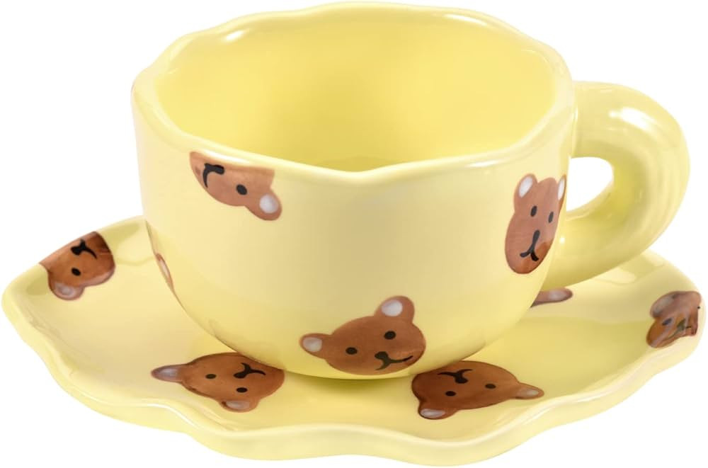 Koythin Ceramic Coffee Mug with Saucer Set, Cute Yellow Bear Cup Design for Office and Home, 6 oz... | Amazon (US)