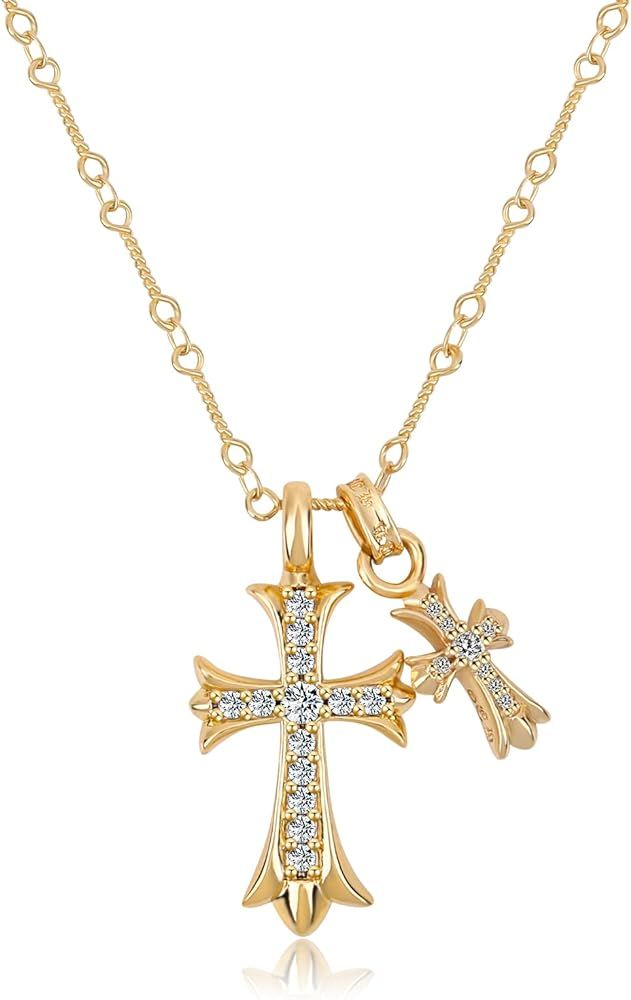 Cross Necklace 14k Gold Plated/Sterling Silver Double Cross Pendant CZ,Cubic Zirconia Cross Neckl... | Amazon (US)