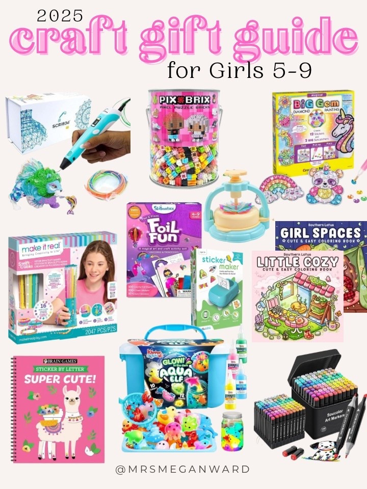 The cutest craft gift ideas for girls 5–9 🥹💗 Perfect for creative kiddos who love making, building + sparkly things ✨
From 3D pens to sticker makers, diamond art + the coolest water-pet kit ever — these are screen-free hits that keep them busy and happy 🎨🌈
	1.	3D pen for building + drawing in air
	2.	Pixel blocks for Minecraft-style creations
	3.	Sticker maker (their art → real stickers!)
	4.	Jewelry bead kit with tons of charms
	5.	Foil fun art — shiny + magical results
	6.	Petal press flower maker (no glue!)
	7.	Cozy room-themed coloring book
	8.	Sticker-by-letter puzzle book
	9.	Little Cozy cottage-style coloring book
	10.	Glow Aqua Elf squishy water pets
	11.	Soucolor dual-tip art marker set
	12.	Big Gem diamond painting suncatchers 💎🦄

So many cute choices for Christmas, birthdays, craft bins + rainy day magic 🌸✨ Tap to shop!

#LTKCyberWeek #LTKGiftGuide #LTKKids