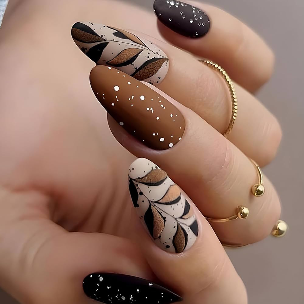 Fall Press on Nails Medium Length Fake Nails Almond Shape False Nails Fallen Leaves Glue on Nails... | Amazon (US)