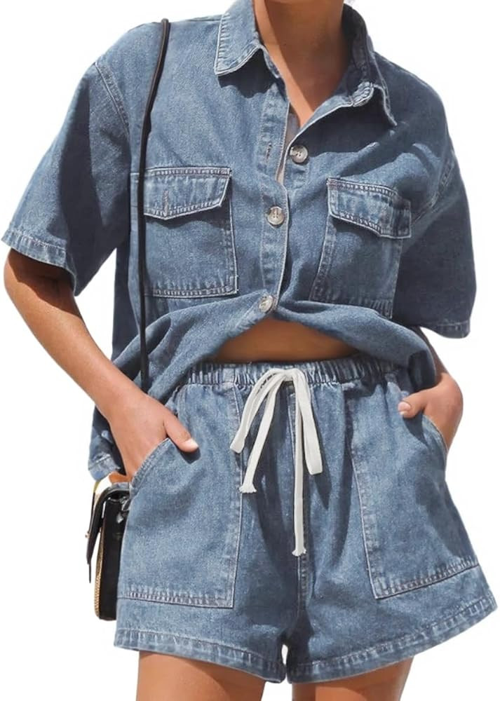 Denim Set for Women 2 Piece Button Down Shirt High Waist Denim Short Set Summer Jean Matching Set... | Amazon (US)