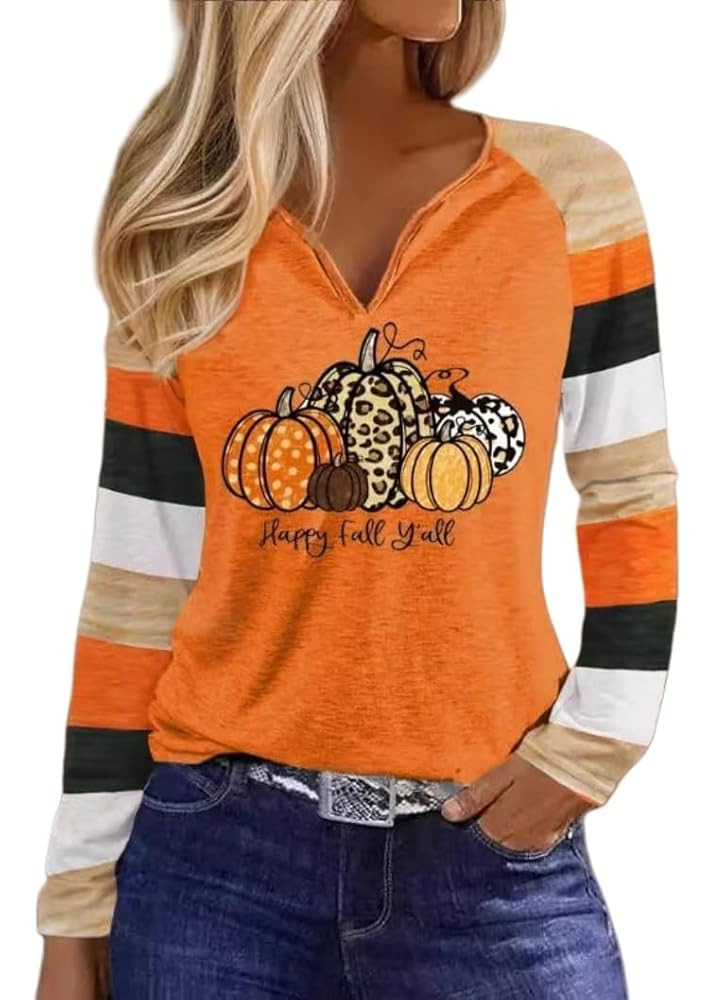 Notch Neck Fall T-Shirt for Women Family Halloween Thanksgiving Tops Thankful Pumpkin Turkey Tees | Amazon (US)