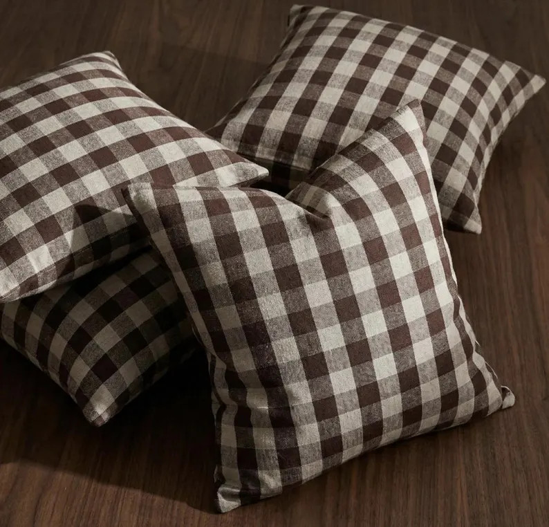 Brown Gingham Pillow Chocolate Brown Checkered Pillow Coffee Plaid Cushion Linen Throw Pillow Cov... | Etsy (US)