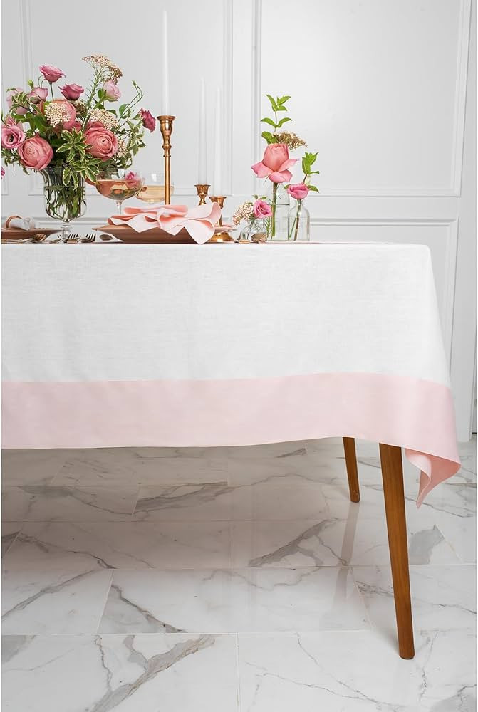 Solino Home Linen Tablecloth 60 x 108 Inch – Blush Pink and White, Handcrafted from 100% Pure E... | Amazon (US)