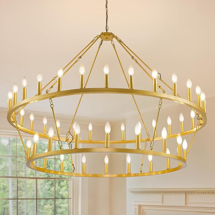 WJShome 57 Inch Gold Wagon Wheel Chandelier: A Show-Stopping 2 Tier 48-Lights Farmhouse Dining Ro... | Amazon (US)