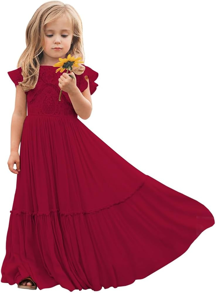 Boho Toddler Flower Girls Dresses for Wedding Lace Embroidery Bridesmaid Dresses Long Chiffon Par... | Amazon (US)