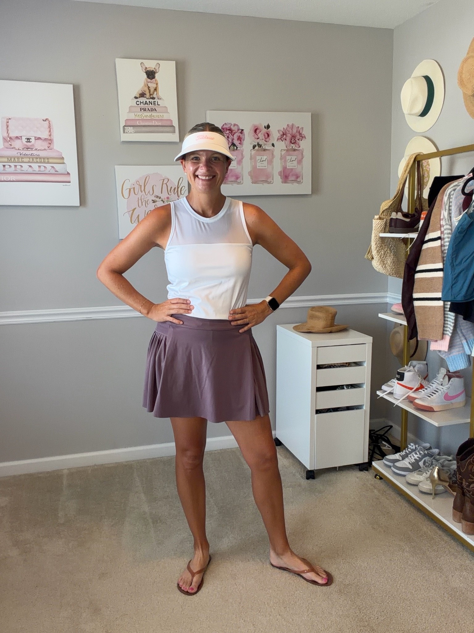 White active top with mesh and built in bra TtS (from Tail Activewear’s pickleball line Spin It)
Purple active skirt TTS
Jelly flip flops TTS

#LTKTravel #LTKOver40 #LTKActive