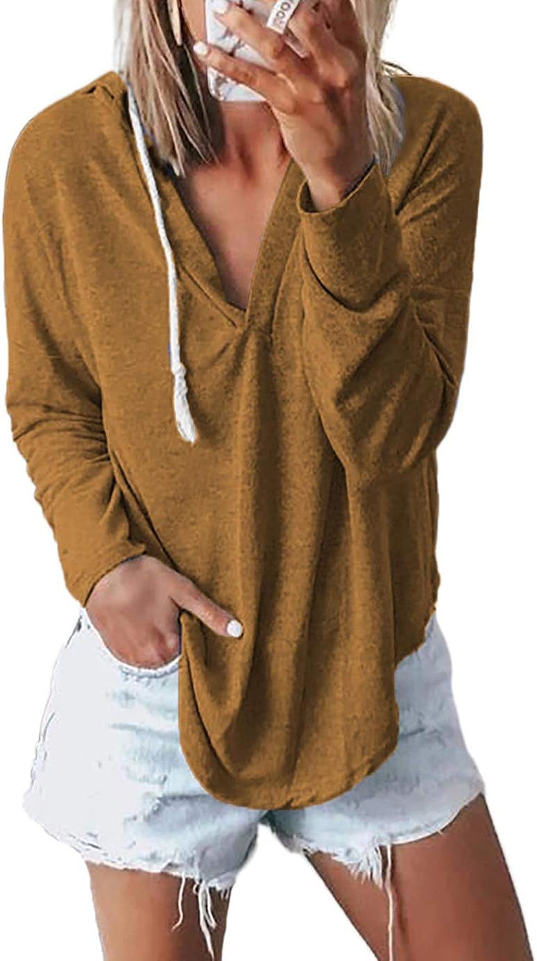 KIRUNDO Women’s Hoodies V Neck Long Sleeves Solid Color Sweatshirts Drawstring Casual Loose Pul... | Amazon (US)