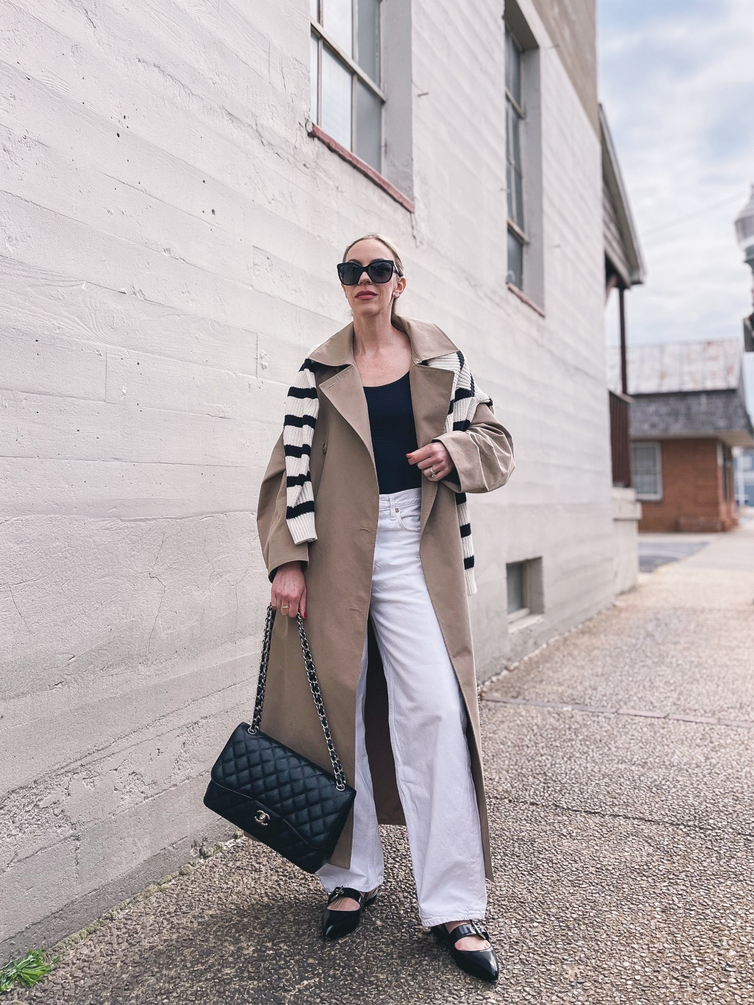 Spring outfit, trench coat, striped sweater, white baggy jeans, ballet flats, spring trends 

#LTKspringtrends #LTKOver40 #LTKspring