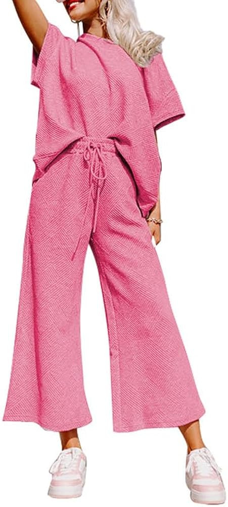 SHEWIN Women's 2 Piece Outfits Sweatsuit Casual Short Sleeve Pullover Tops and Drawstring Wide Le... | Amazon (US)