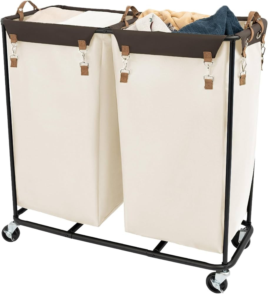 StorageWorks 390L Extra Large Lanudry Hamper with Wheels, Laundry Basket with Wheels 2 Sections, Clothes Sorter Cart with Divider for Hotel, Home, Beige, 1-Pack | Amazon (US)