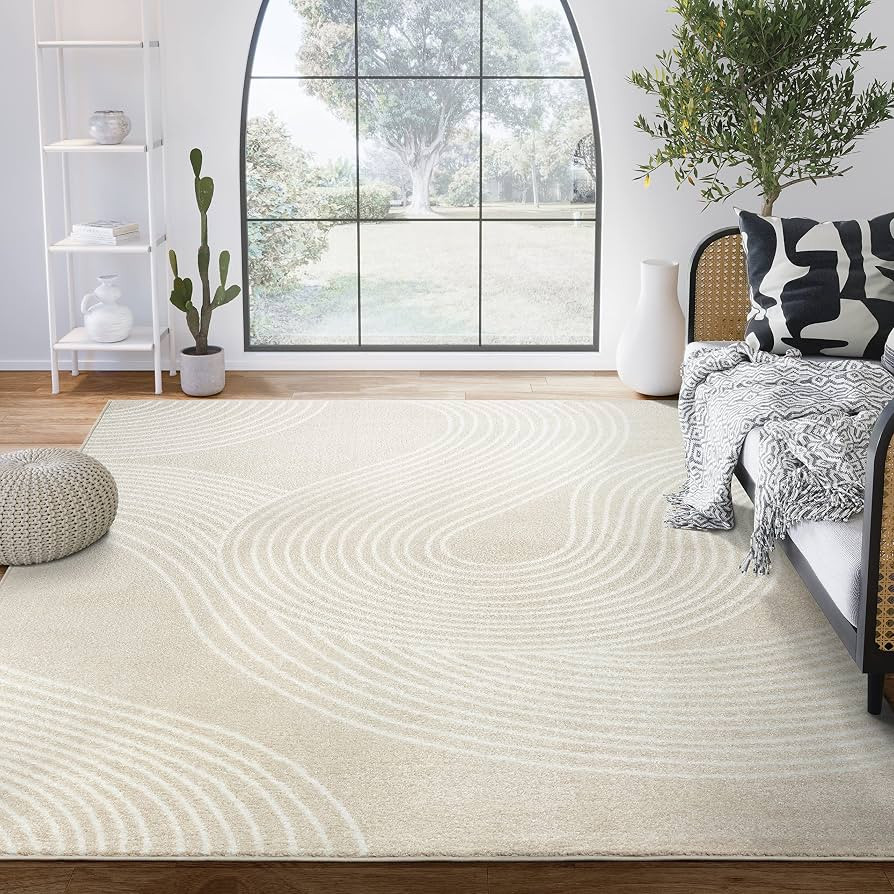 Abani Beige and White Swirl Area Rug | 4' x 6' Cream Carpet with Wave Pattern | Modern Rug for Li... | Amazon (US)