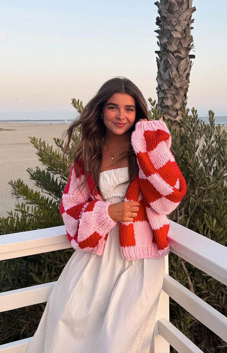 Envi Pink And Red Checkered Knit Cardigan | Beginning Boutique (US)
