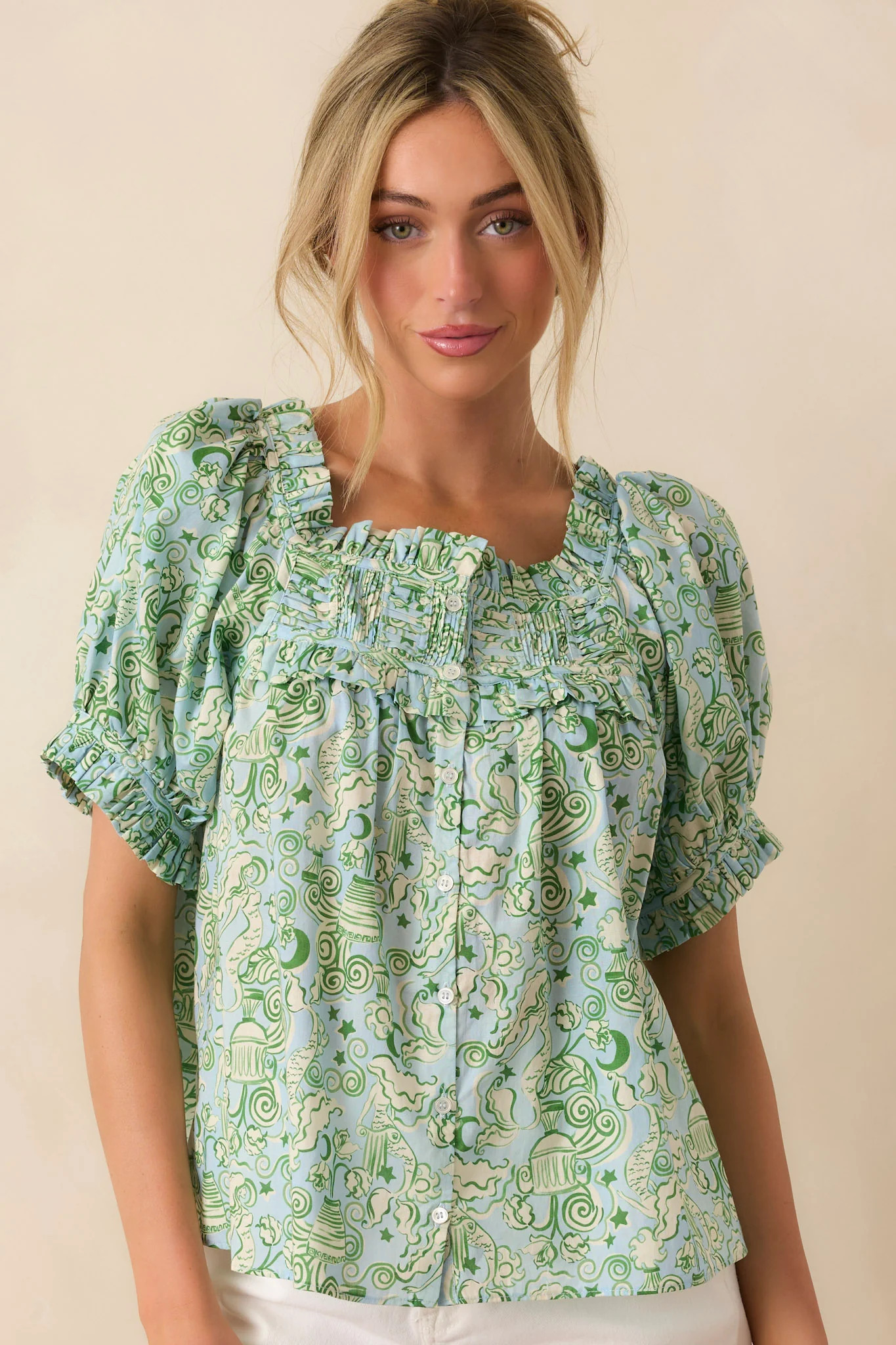 Paradisa Clearwater Seaglass Green Cotton Puff Sleeve Blouse | Red Dress