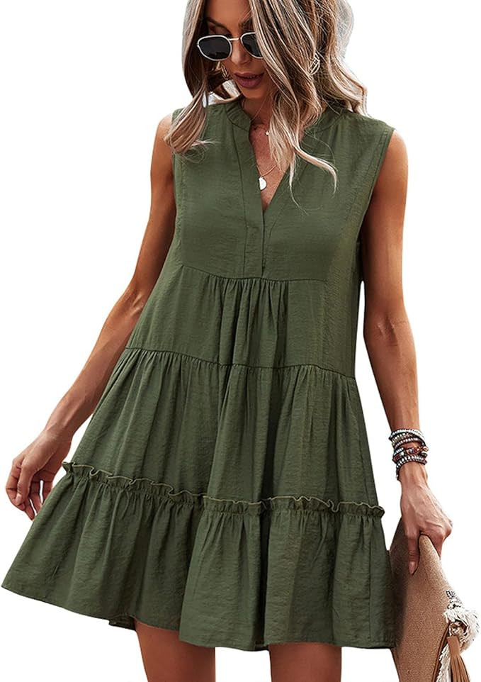 TAMEYA Summer Casual Womens Dresses, Cute Sleeveless V Neck Beach Dress Loose Fit Mini Dress Shor... | Amazon (US)