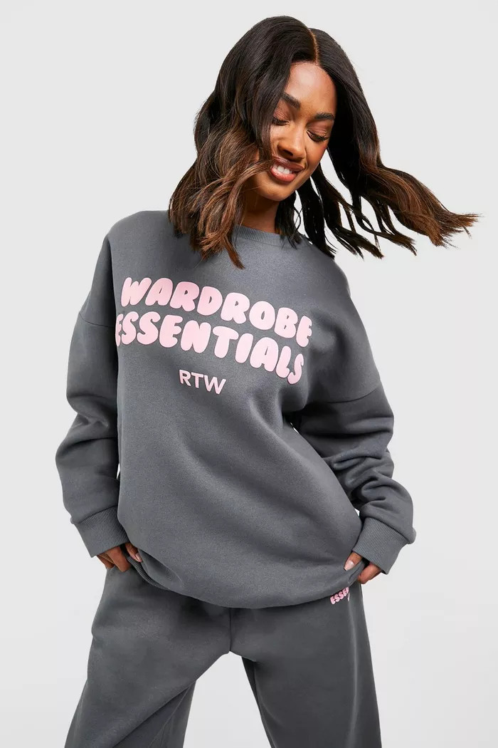 Wardrobe Essentials Slogan Puff Print Sweatshirt Tracksuit | Boohoo.com (UK & IE)
