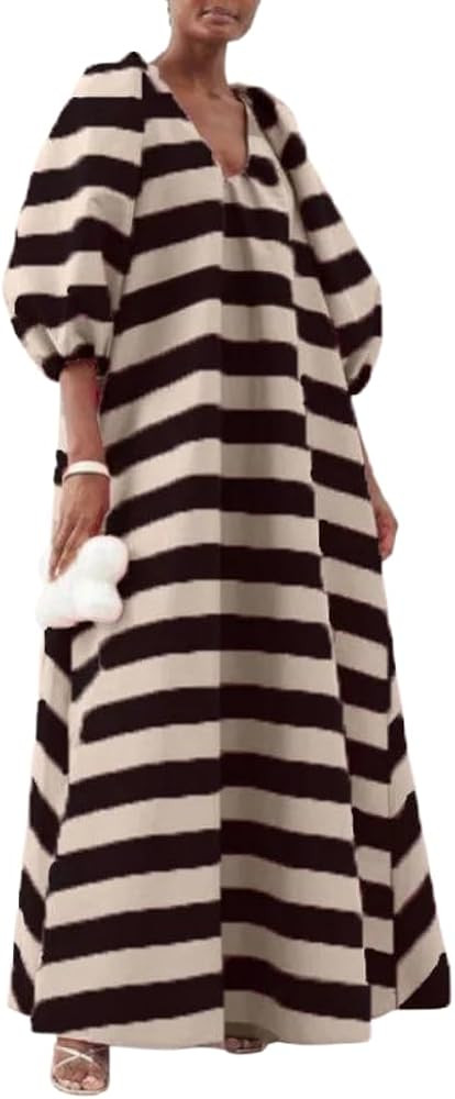 Women's Oversized Striped Lantern Sleeve V Neck Maxi Dress Casual Loose Printed Half Sleeve Long ... | Amazon (US)