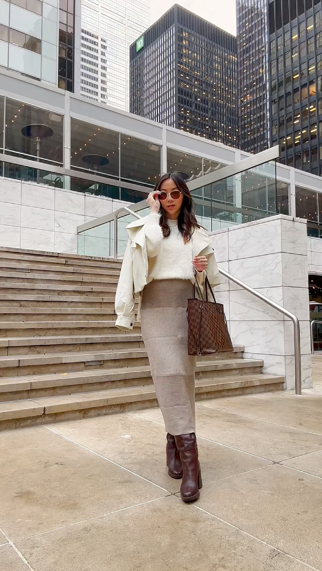 Neutral outfit, idea with fuzzy sweater and knit maxi skirt, paired with a cropped trenchcoat coat, for a casual chic workwear look. 

#LTKCyberWeek #LTKworkwear #LTKstyletip