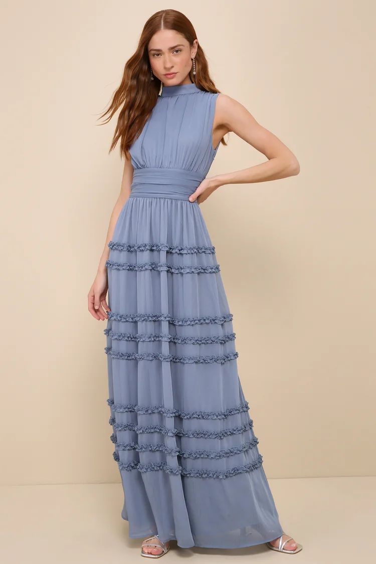 Enchantingly Sweet Slate Blue Chiffon Backless Maxi Dress | Lulus