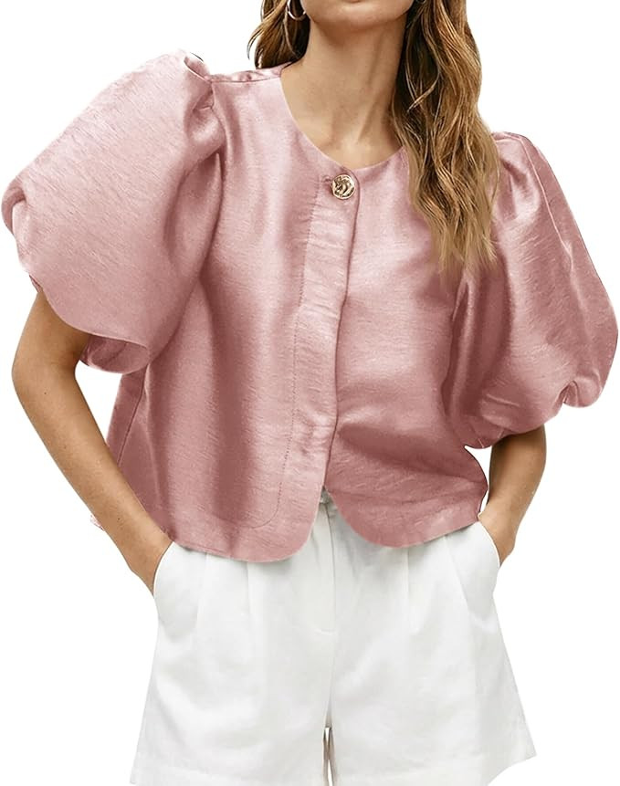 Cicy Bell Womens Silk Satin Button Down Shirts Summer Puff Short Sleeve Crew Neck Crop Tops Loose... | Amazon (US)