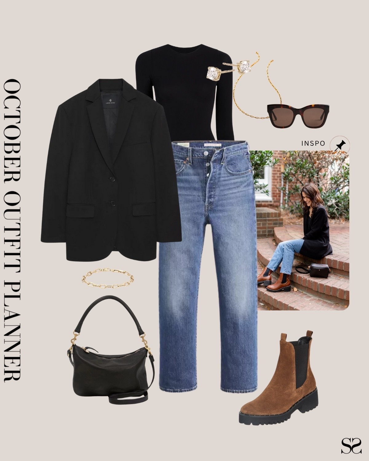 Monthly outfit planner OCTOBER: Fall outfits | blazer, Levi’s jeans, black tee, lug sole boots

#falloutfit #classicstyle #casualstyle 


#LTKSeasonal #LTKStyleTip