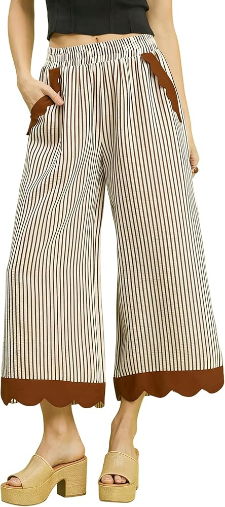 Faleave Women's Striped Wide Leg Cropped Pants Elastic Waist Scalloped Hem Casual Trousers with P... | Amazon (US)
