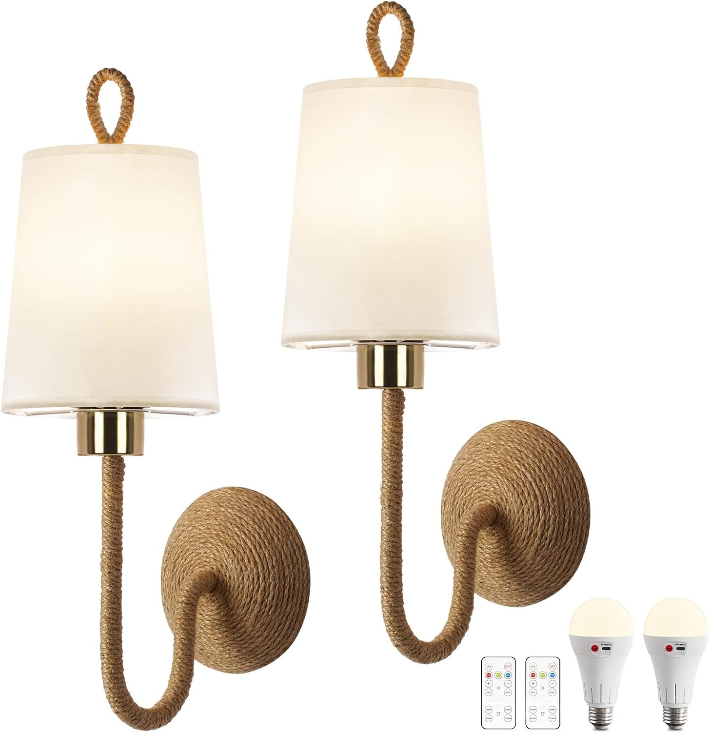 Natural Rattan Wall Sconce Set of 2: Boho Coastal Rope Woven Lamps with Linen Fabric Shades for L... | Amazon (US)