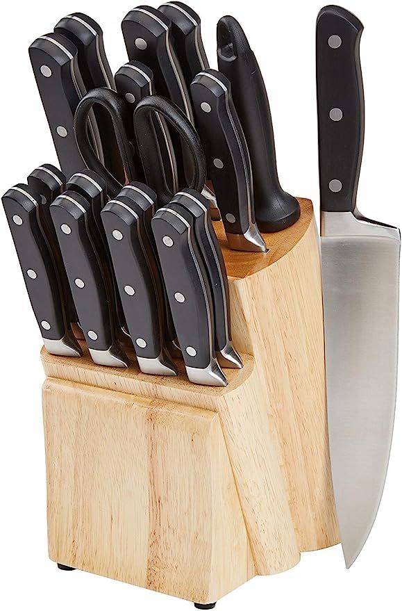 Amazon Basics 18-Piece Kitchen Knife Block Set, High-Carbon Stainless-Steel Blades with Pine Wood... | Amazon (US)