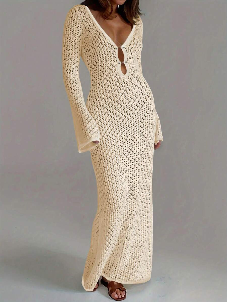SHEIN LUNE Women Deep V-Neck Hollow Out Long Sleeve Long Sweater Dress With Elegant Elegant | SHEIN