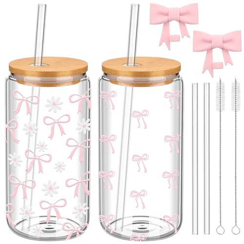 Skylety Set of 2 Coquette Bow Glass Cup 16oz Pink Bow Glass Cup with Lids and Straws Reusable Pink Bow Silicone Straw Toppers Lids Protectors 1 Brush for Drinking Coffee Soda Boba Tea Cocktail | Amazon (US)