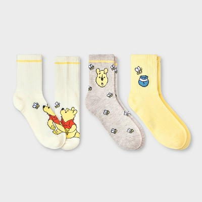 Women's Disney Winnie The Pooh 3pk Mid Crew Socks - Ivory/Oatmeal Heather/Yellow 4-10: Knit Polyester Spandex, Rib Cuffs | Target