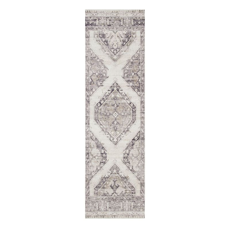 (B829) Grey & White Floral Washable Runner, 2x7 | At Home