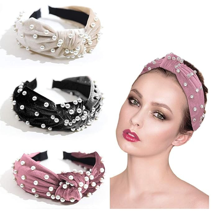 Hairbands for Women Velvet Pearl Headbands 3 Pack Fashion Elegant Cross Knot Hair Hoop Hair Clip ... | Amazon (US)