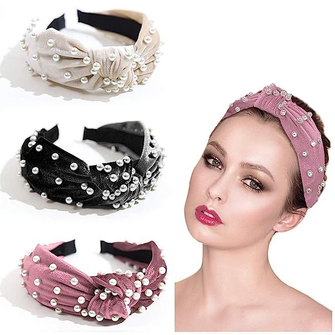Hairbands for Women Velvet Pearl Headbands 3 Pack Fashion Elegant Cross Knot Hair Hoop Hair Clip ... | Amazon (US)