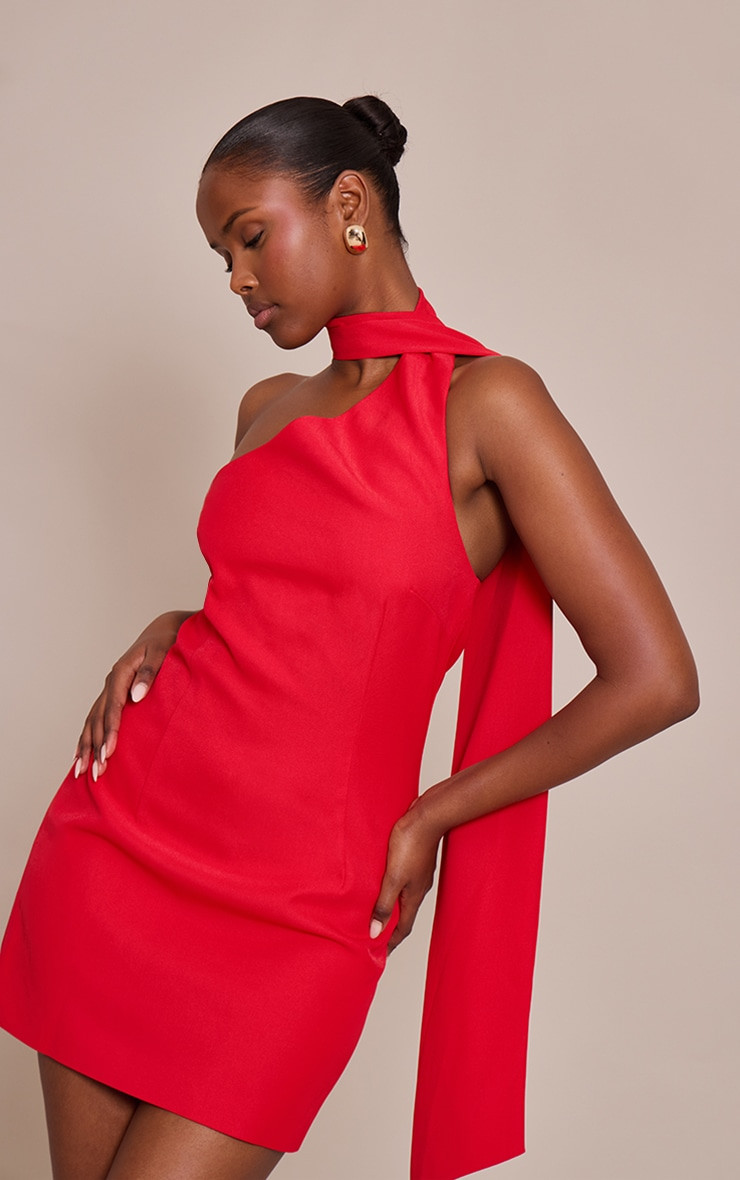 Red Woven Asymmetric Scarf Detail Mini Dress | PrettyLittleThing UK