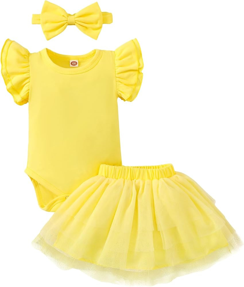 Newborn Solid Color Dress Bow Outfit Baby Girl Ruffle Sleeve Romper Dress Infant Jumpsuit Tutu Sk... | Amazon (US)