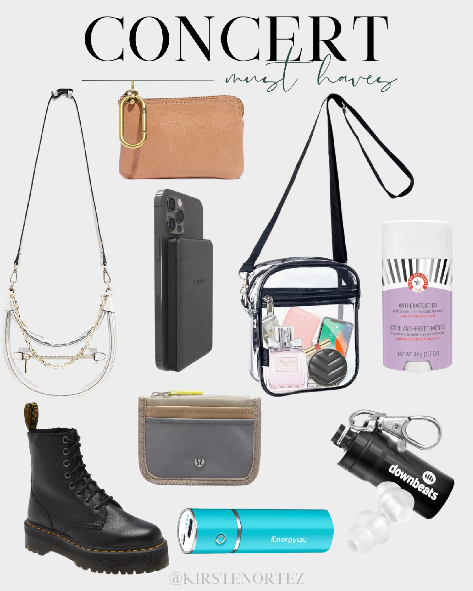 Concert must haves, concert essentials, concert accessories, stadium bag, clear stadium bag, stadium approved purse, stadium purse, clear purse; power bank, portable charger, card case, earplugs, anti chafing stick, Doc Martens, concert necessities, concert packing list

#LTKshoecrush #LTKitbag #LTKFestival