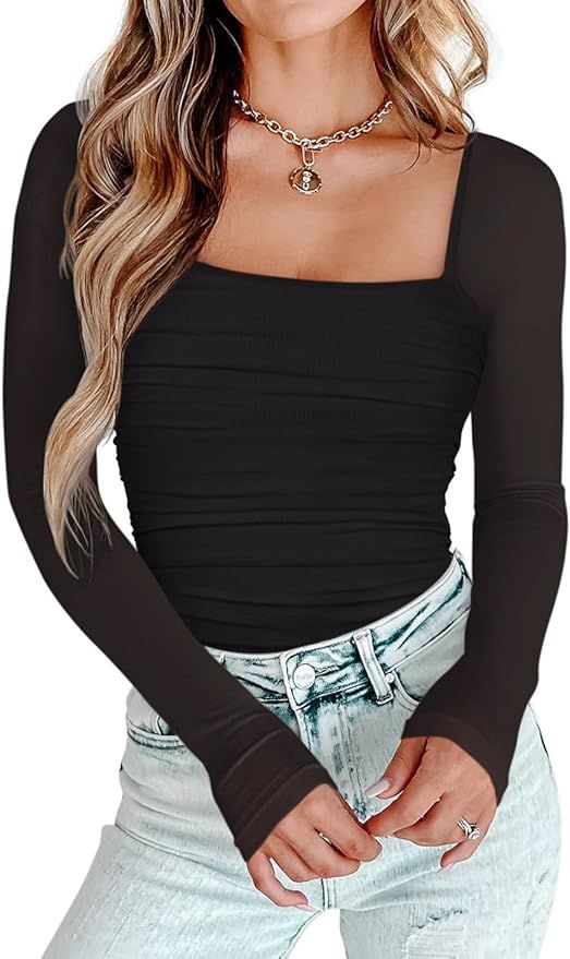 PINKMSTYLE Womens Square Neck Mesh Long Sleeve Bodysuit Shapewear Corset Tops Sexy Concert Outfit... | Amazon (US)