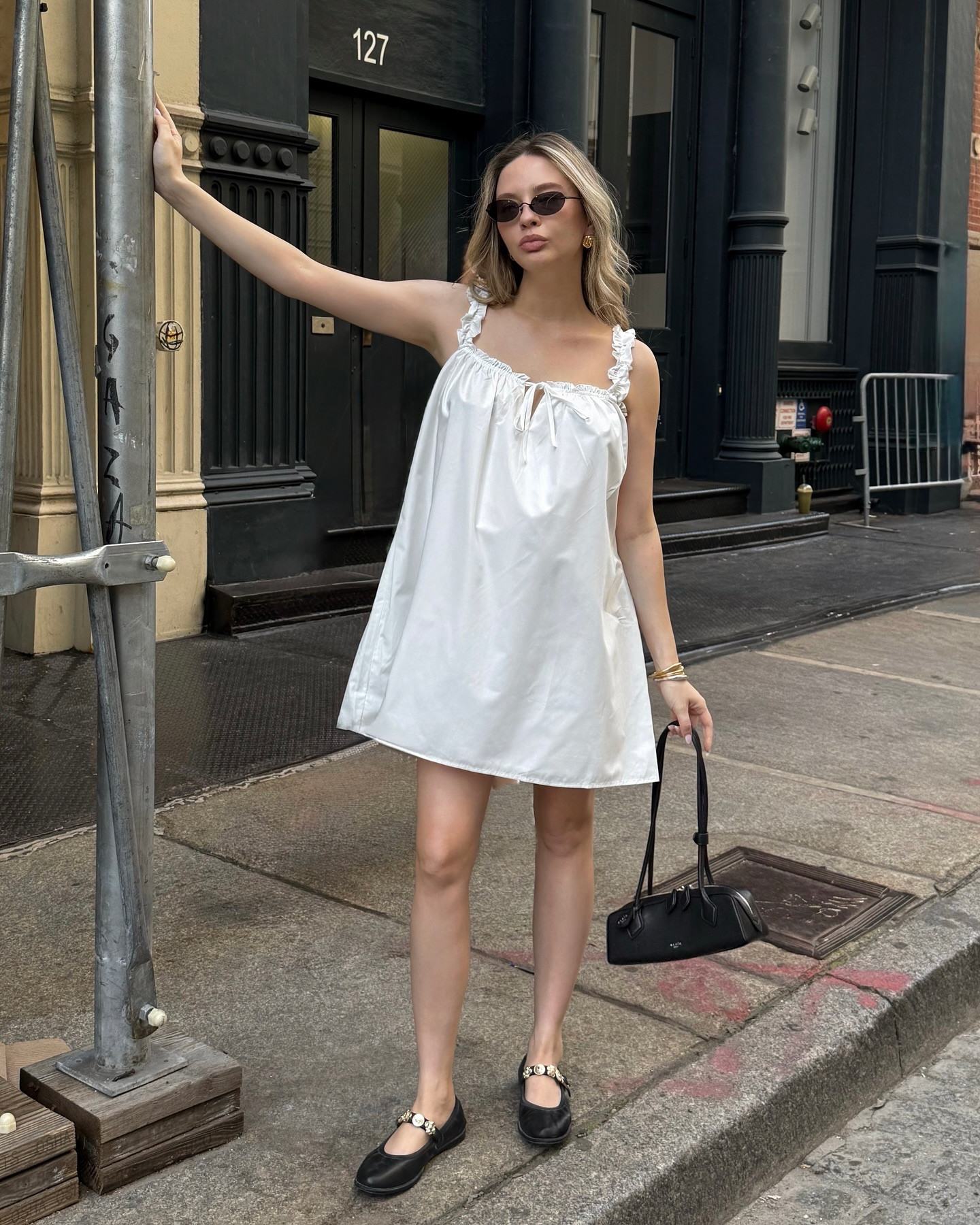 new york heatwave uniform: white mini dress and flats 

.
.
.
#whitesummerdress #revolve #revolveme #sohonyc #nycsummer what to wear in nyc this summer #midsummernyc #dressthebump #summerdresses #summertrends #nycootd #londonfashionblogger #uk #london #londonoutfit #30weekspregnant #pregnancydiary