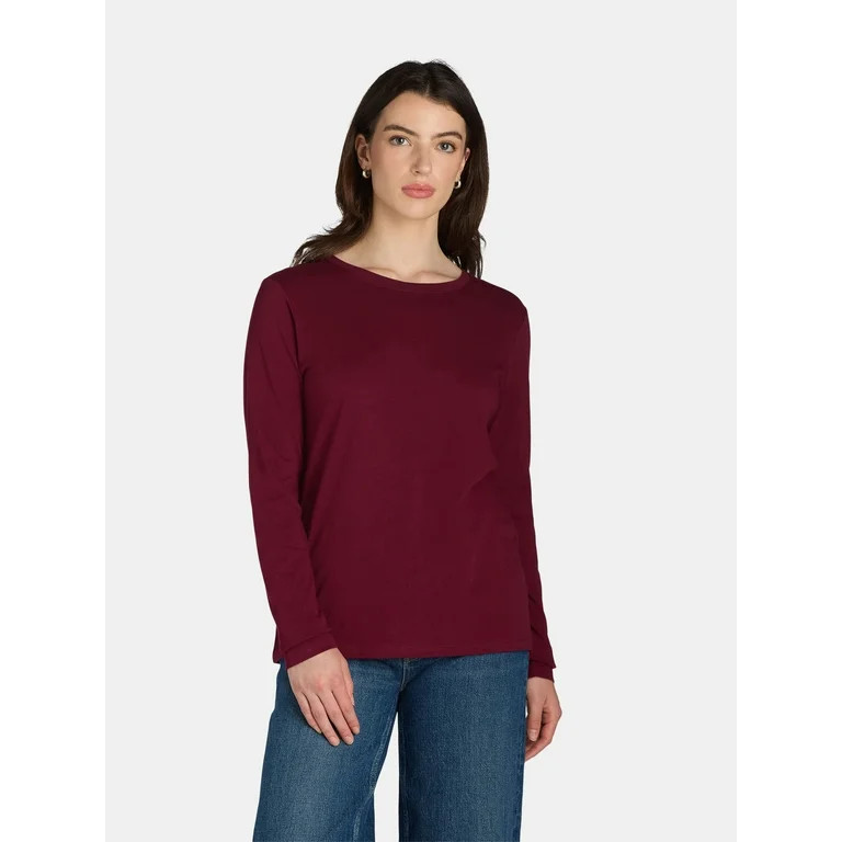 Time and Tru Women's Cotton Crewneck Tee with Long Sleeves, Single and 3 Pack, Sizes XS-XXXL | Walmart (US)