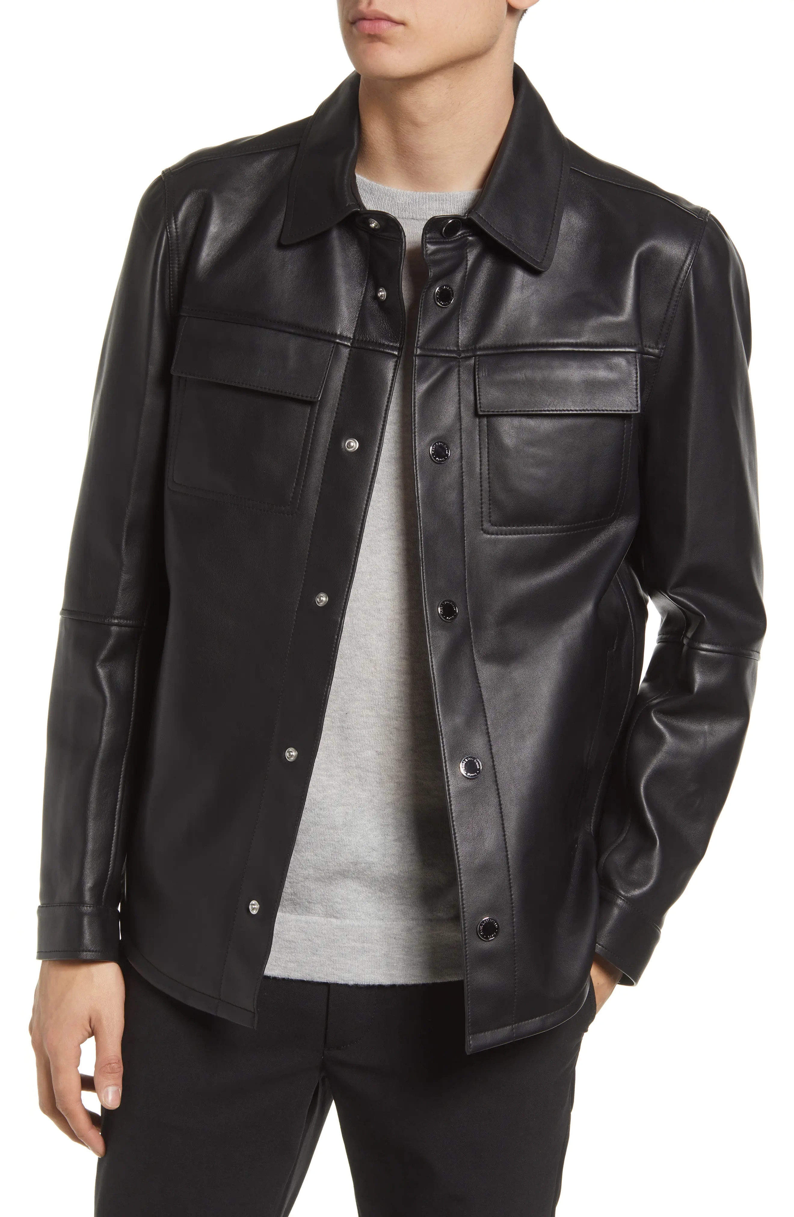 Karl Lagerfeld Paris Men's Leather Shirt Jacket in Black at Nordstrom, Size Medium | Nordstrom