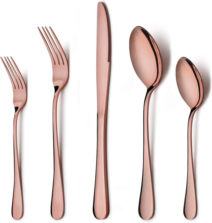 LIANYU Copper Silverware Flatware Set, 20 Piece Stainless Steel Cutlery Set for 4, Mirror Finish,... | Amazon (US)